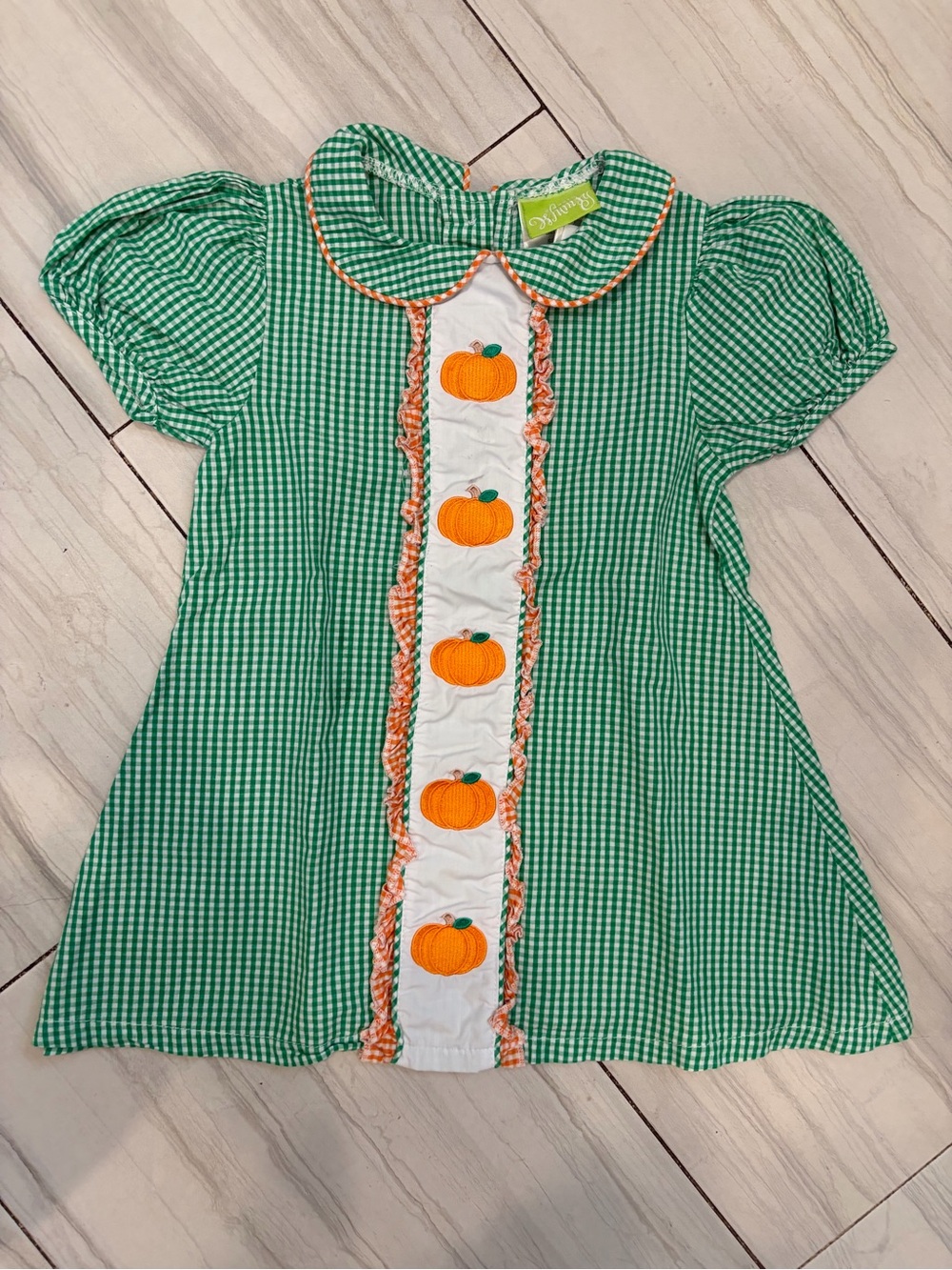 Classic Whimsy Green Gingham Pumpkin Smocked Dress 3T